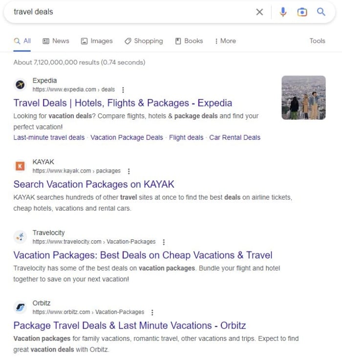 Google results for travel deals. 