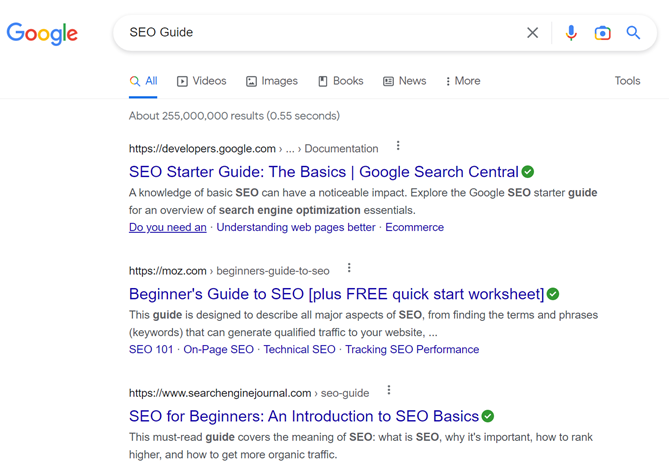 A Google Search for the term SEO Guide.