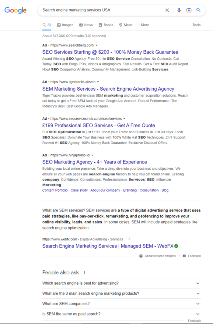 SERPs for Search Engine Marketing Services USA