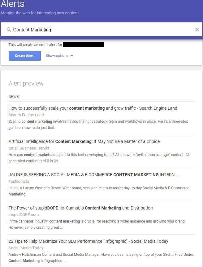 Setting up alerts for content marketing. 
