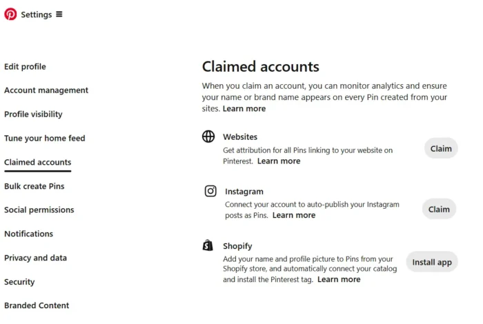 Claimed accounts on Pinterest