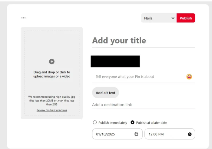 The Pinterest Pin creation screen