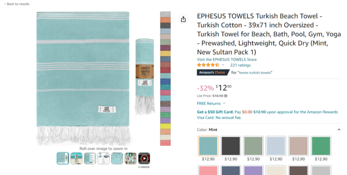 Una lista de Amazon para toallas turcas en el escritorio. 