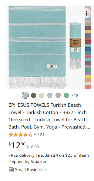 Un ejemplo de una lista de Amazon para toallas turcas en el móvil.