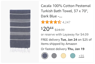 Una lista de toallas turcas en Amazon con un texto de título más corto.