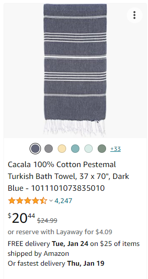 A Turkish towel listing on Amazon with a shorter title text.