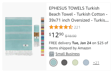 An Amazon listing for a Turkish towel with the title cut off.