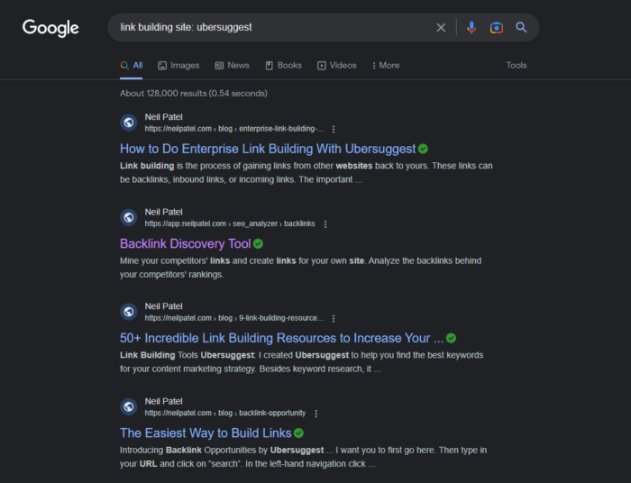Google SERP for "link building site: ubersuggest"