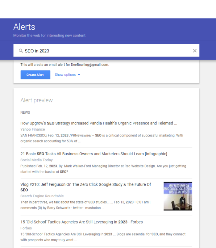 Creating a Google alert for "SEO in 2023"