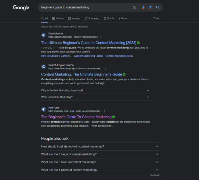 Google SERP for "beginners guide to content marketing"