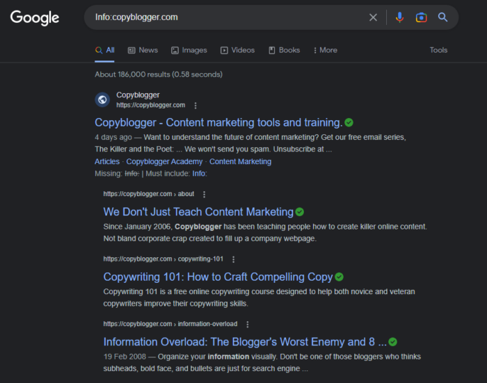 Google SERP for "Info:copyblogger.com"