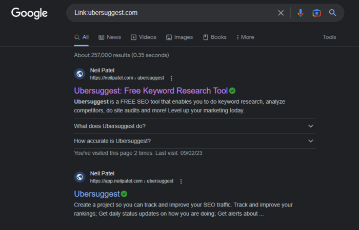 Google SERP for "Link:ubersuggest.com"
