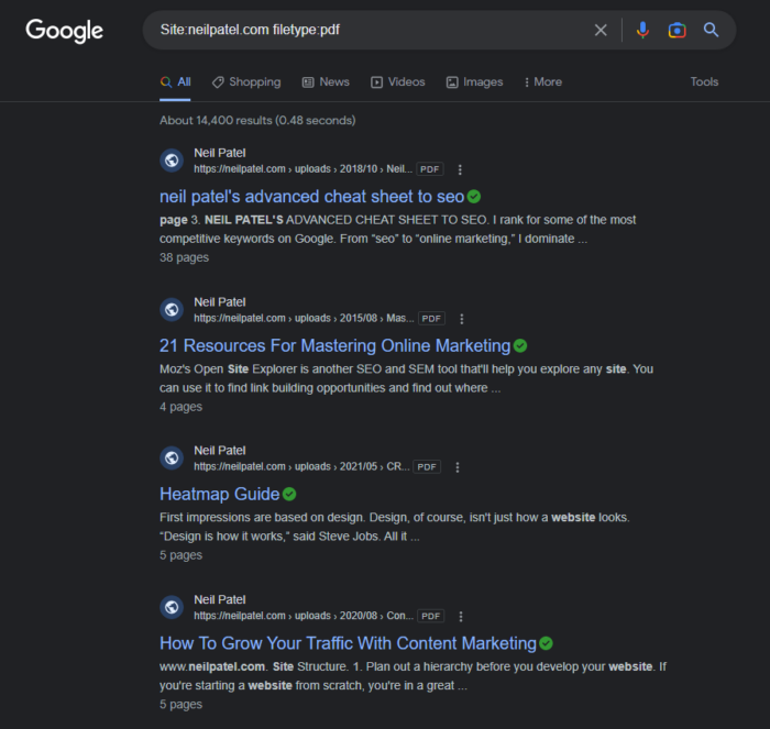 Google SERP for "Site:neilaptel.com filetype:pdf"