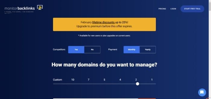 Monitor Backlinks selecting the number of domains top manage