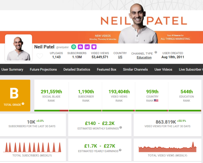 Social Blade dashboard for Neil Patel