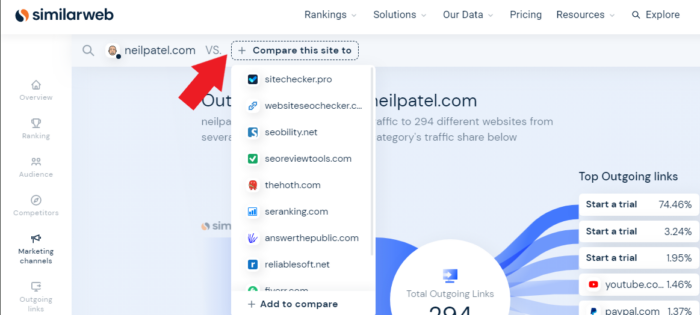 SimilarWeb "Compare this site" button