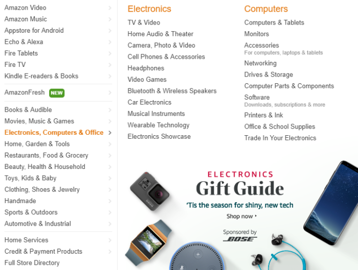 Amazon's category navigation.