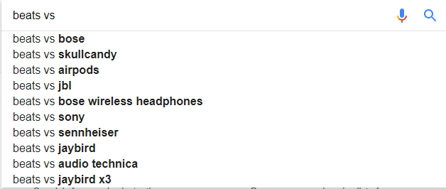 A list of vs. type queries for Beats in Google.