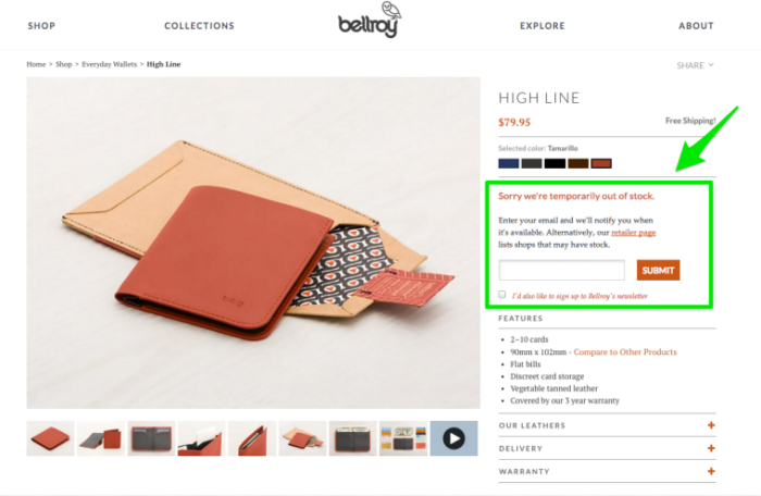 An out of stock message on Bellroy.