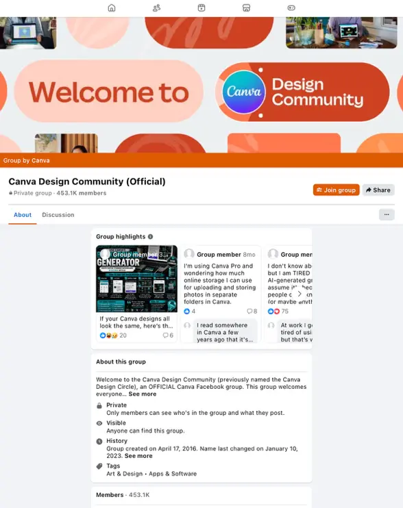 Side-by-side screenshots comparing a Canva Facebook Page layout and a Canva Facebook Group Layout