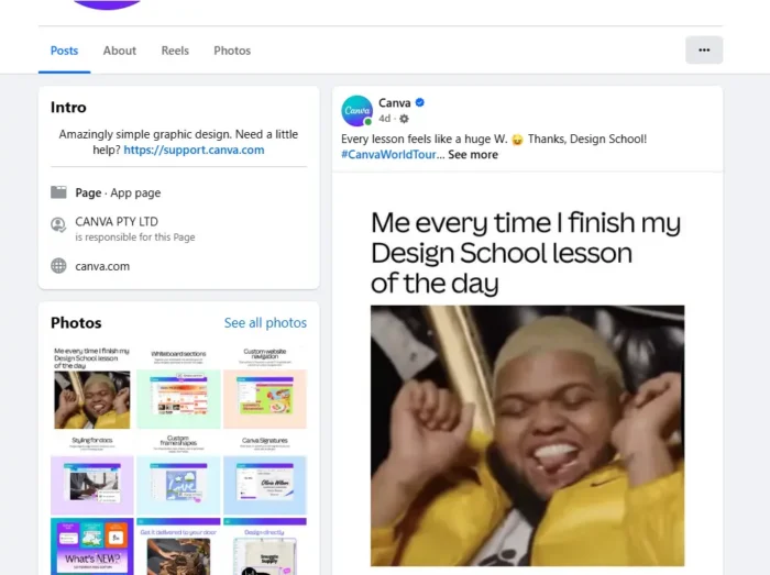 Image of Canva Facebook Page and navigation to Groups.