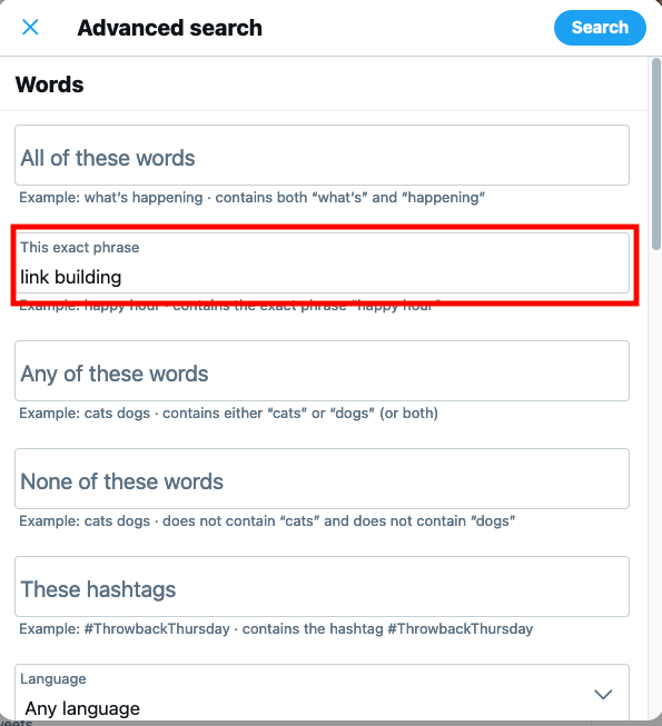 Twitter's Advanced Search function being used to look for link building.