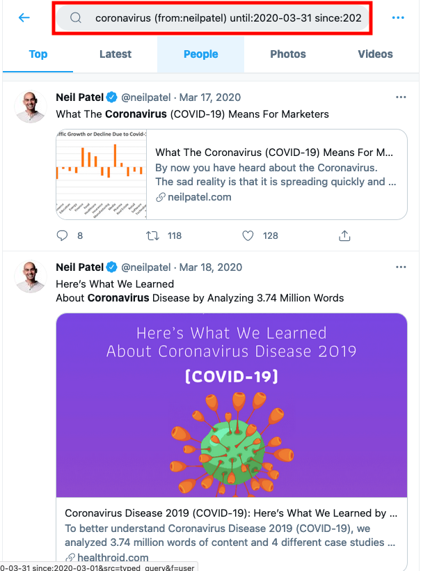 Adding coronavirus in Neil Patel's tweets in advanced search