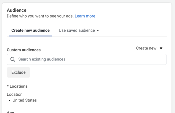 The create a new audience feature in Facebook Ads.