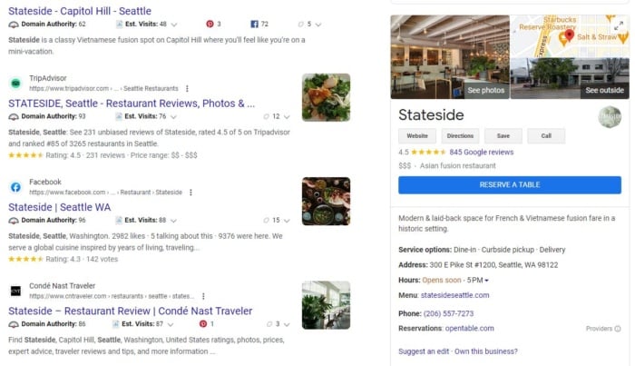 Google business profile for a restaurant. 