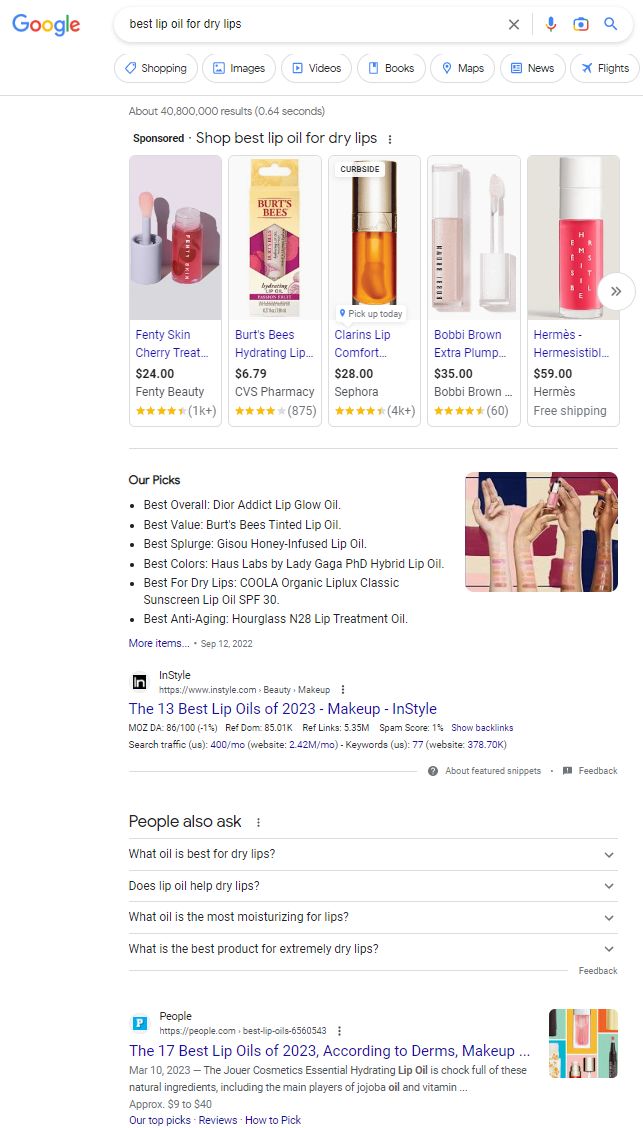 Google search results for best lip oil for dry lips. 