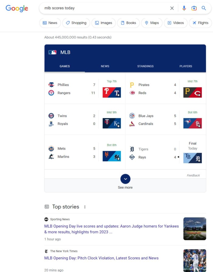 Google search results for MLB scores. 