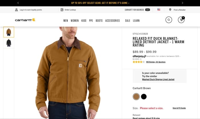 صفحه محصول Carhartt. 