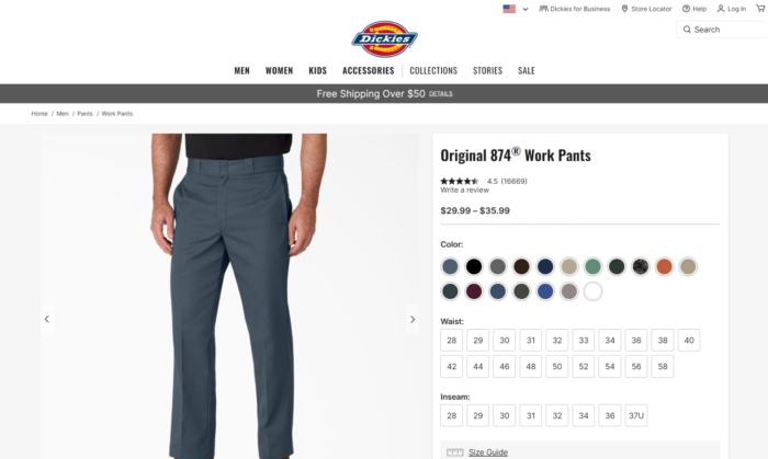 صفحه محصول Dickies. 