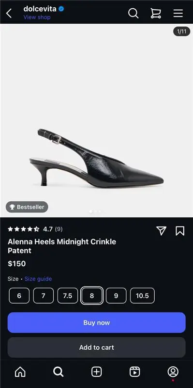 Dolce Vita Instagram Shop product page featuring the “Alenna Heels Midnight Crinkle Patent.”