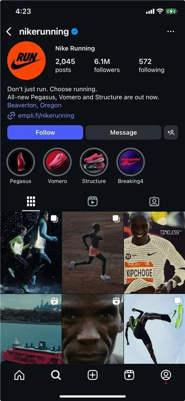Screenshot of the official Nike Running Instagram profile. The page shows the Nike Running logo in orange, with 6.1 million followers and 2,045 posts. The bio reads, “Don’t just run. Choose running. All-new Pegasus, Vomero, and Structure are out now. Beaverton, Oregon,” followed by a link to Nike Running’s site and a grid of images.