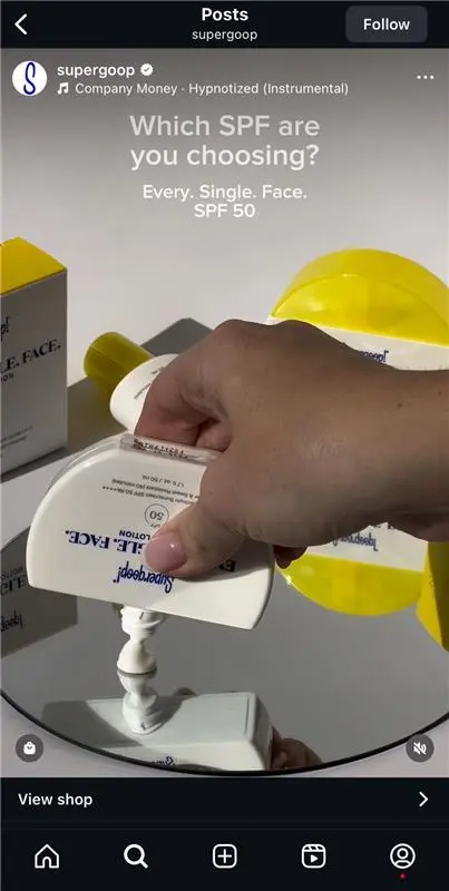 Supergoop leverages engagement-inviting posts to engage its audience. This post asks the question, “Which SPF are you choosing?”