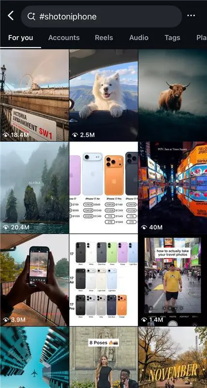 Instagram hashtag page for #shotoniphone. The grid shows a variety of popular photos and videos, including a cityscape with the London Eye, a white dog in a car, and a Highland cow in a misty field.