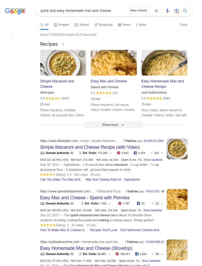 Google results for quick and easy homemade mac and cheese. 