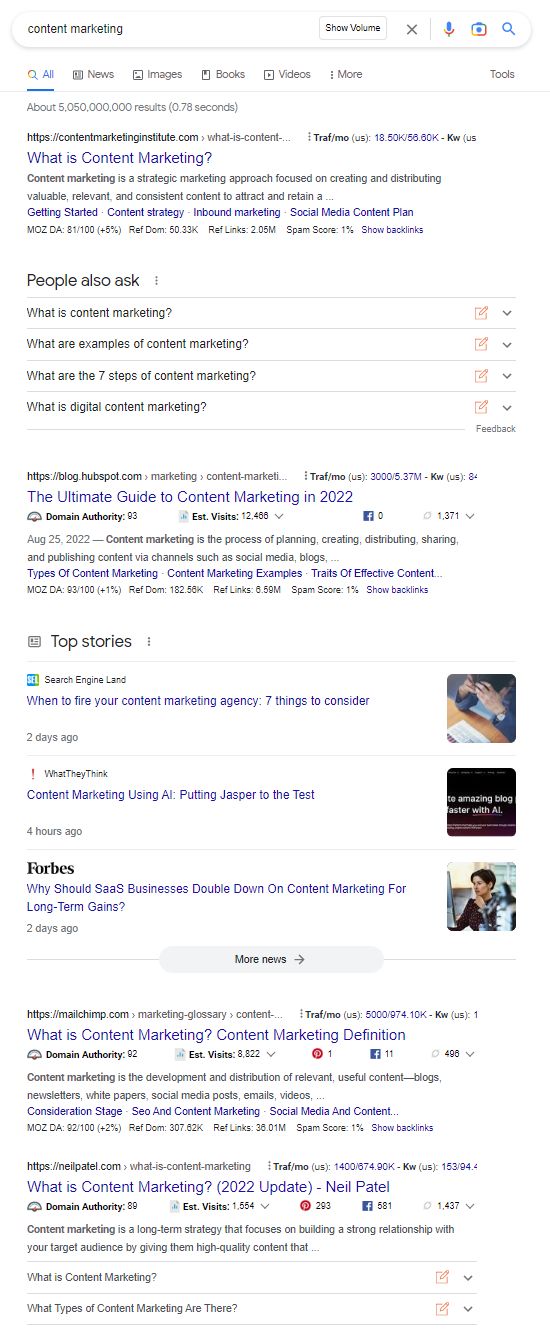 Google results for content marketing. 
