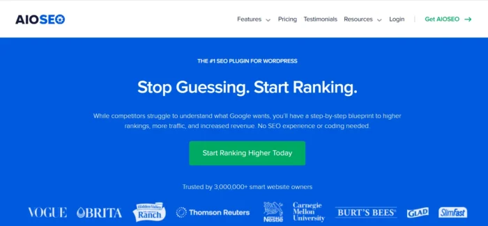 A screenshot of AIOSEO’s homepage. 