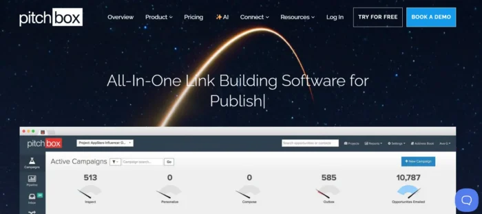  A screenshot of Pitchbox’s homepage also showing a snapshot of their SEO campaign dashboard. 