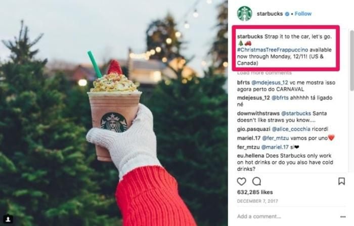 Instagram post of Starbucks of a christmas themed coffee. IInstagram marketing tips