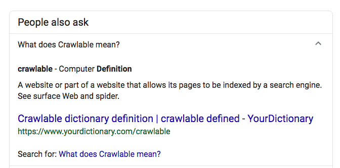 A Google search result for the definition of crawlable.
