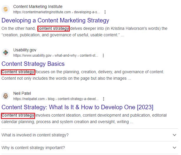 Google results for content strategy. 