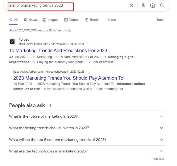 Google results for inachor:marketing trends 2023. 
