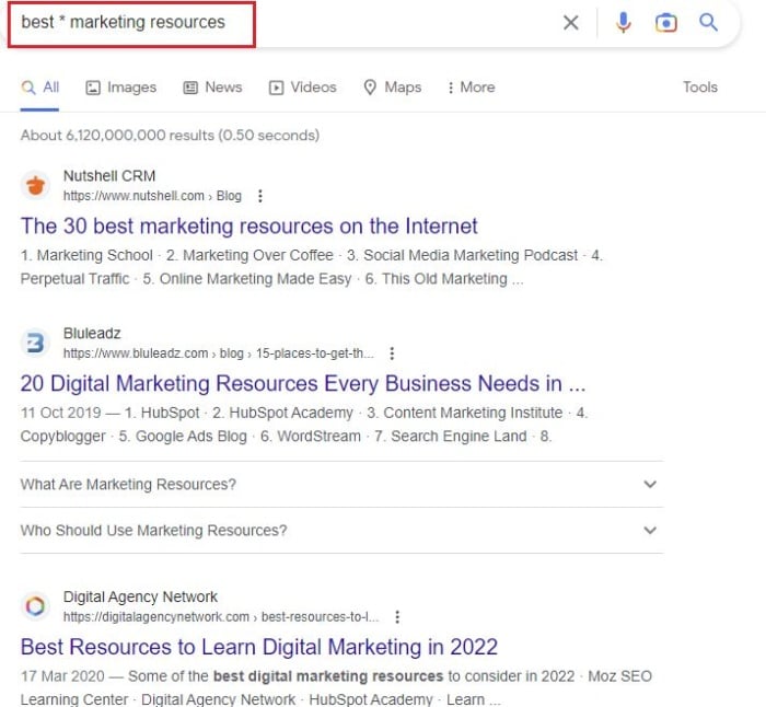 Google results for best * marketing resources. 