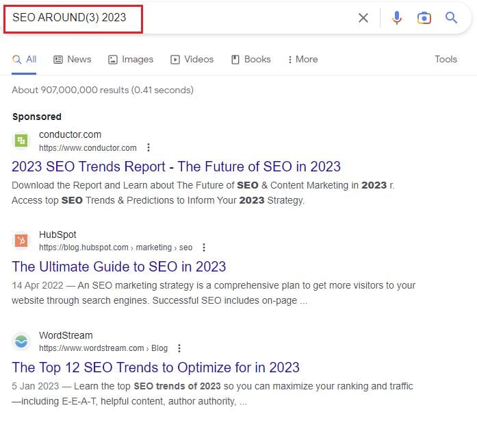 Google results for SEO AROUND(3)2023. 