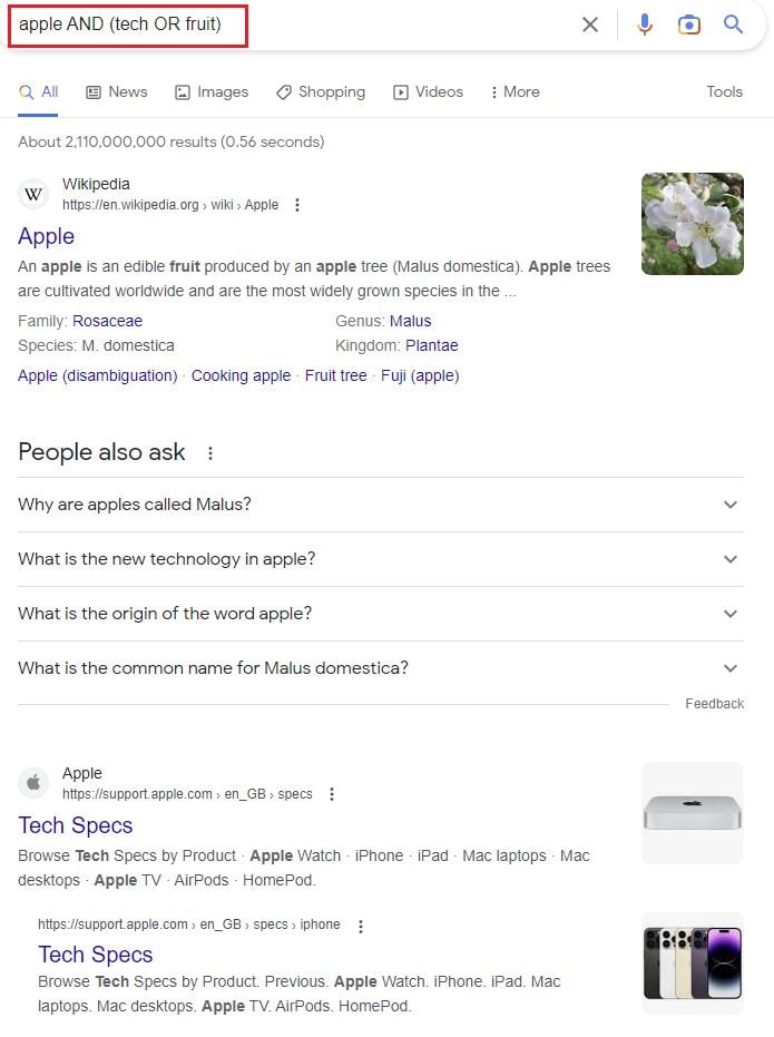 Google results for apple and (tech OR fruit).