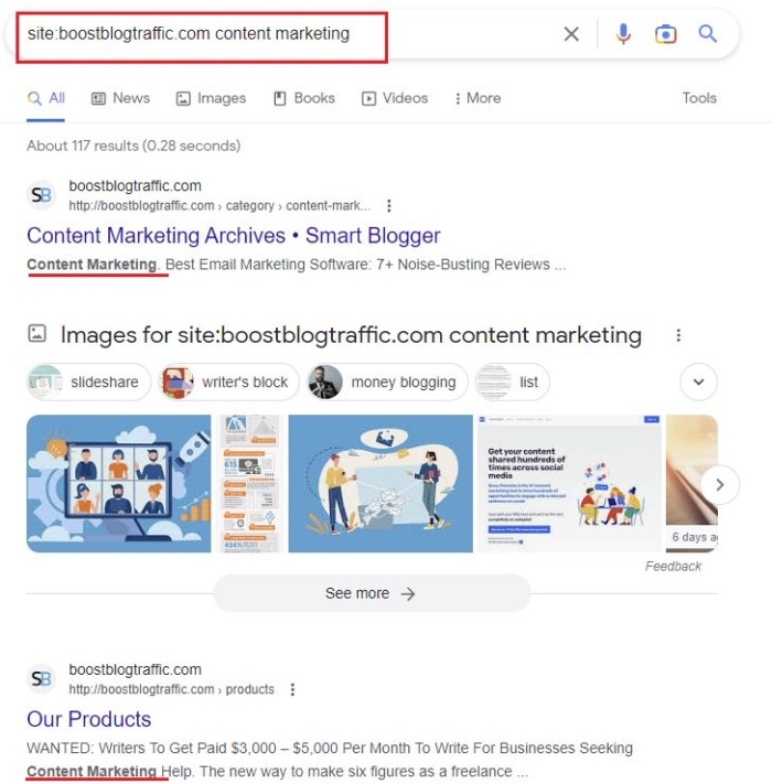 Google results for site:boostblogtraffic.com content marketing. 