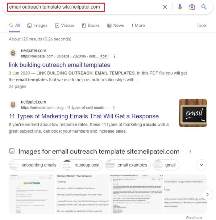 Google search results for Email outreach template site:neilpatel.com. 